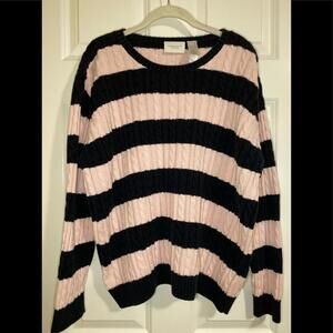 EUC Liz Claiborne 100% cotton dark navy and pink striped crew neck sweater.